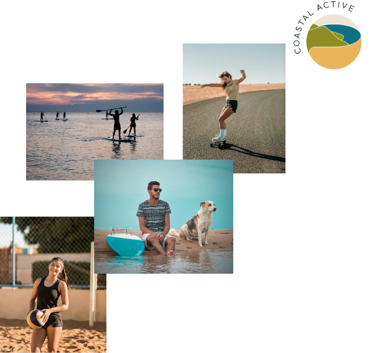 Colagem de pessoas aproveitando esportes costeiros incluindo stand up paddle, skate, vôlei de praia e relaxando à beira da água