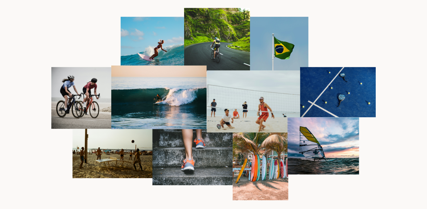 Colagem de esportes costeiros incluindo surf, ciclismo, beach tennis, padel, corrida e windsurf no Brasil